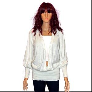 Vintage Long White Sweater Tummy Control Pull Over Button Up Sz L